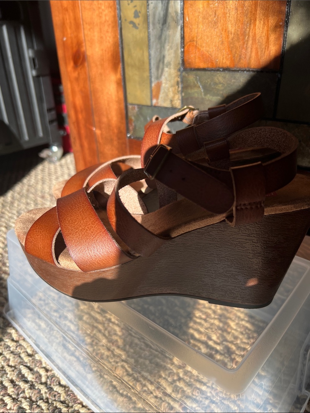 POP Canyon Wedge Brown Leather-Look Crossover Strap Sandals - Picture 2 of 8